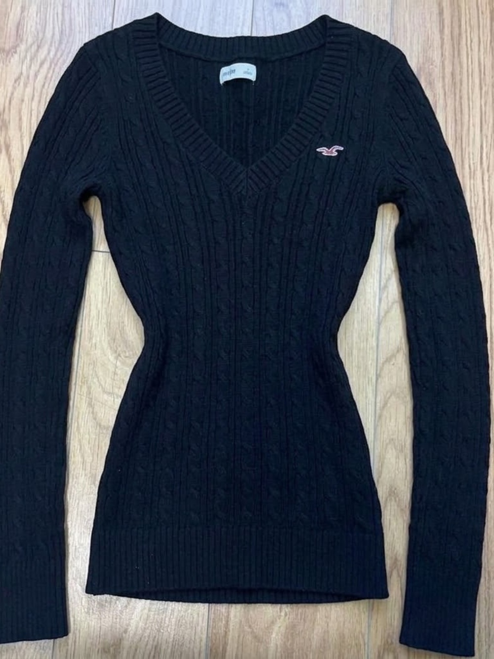 Hollister Co. Black Cable Knit Sweater V Neck Small Long Sleeve Top